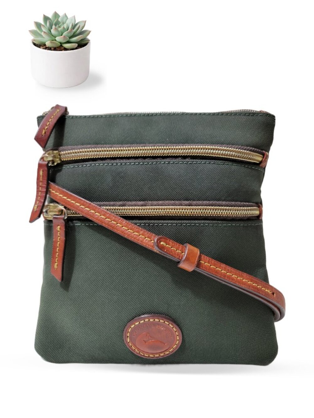 Dooney & Bourke Green Nylon North South Triple Zip Crossbody Bag Leather Trim